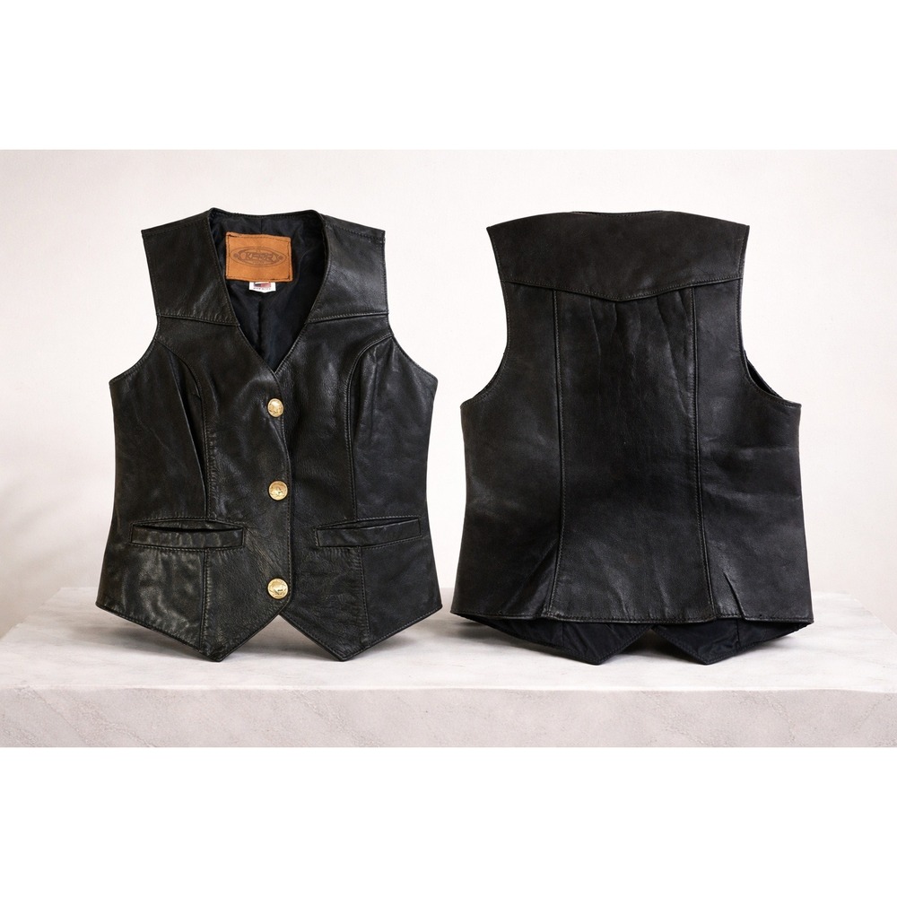 Kerr Leather Vest Womens Size 8 Black Genuine Leather Buffalo Nickel Buttons USA